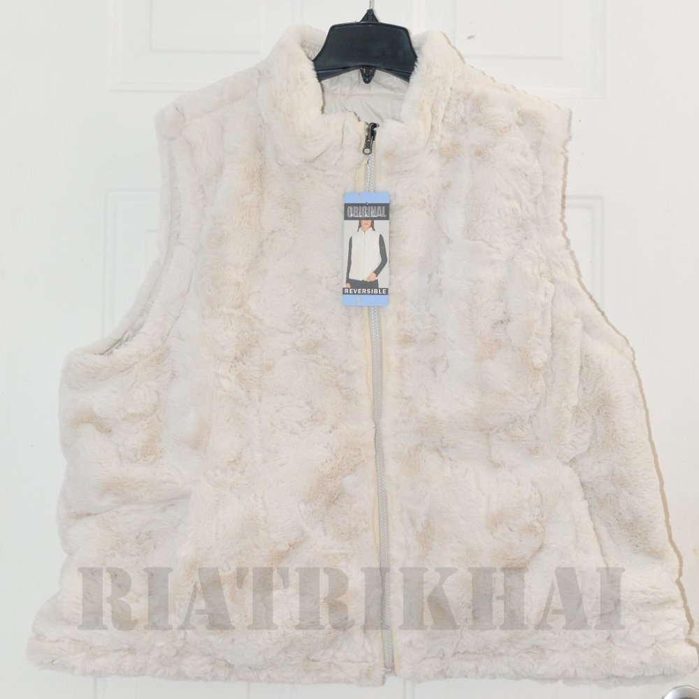 IVORY NWT Quilted Faux Fur Puffer Vest  Reversible  Nicole Miller - Picture 2 of 13